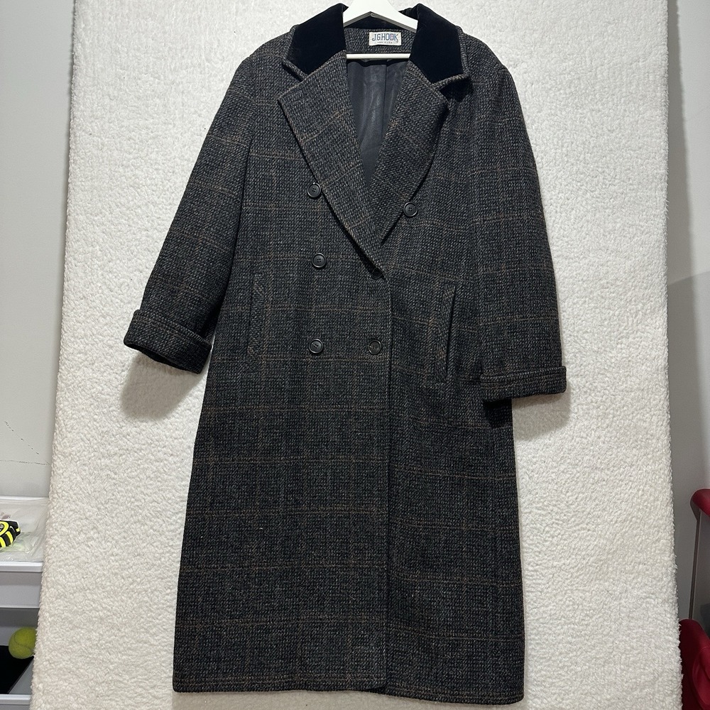 Vintage J.G.HOOK Plaid Gray Double Breasted 100% Wool Coat Size L, XL? USA‎ Made